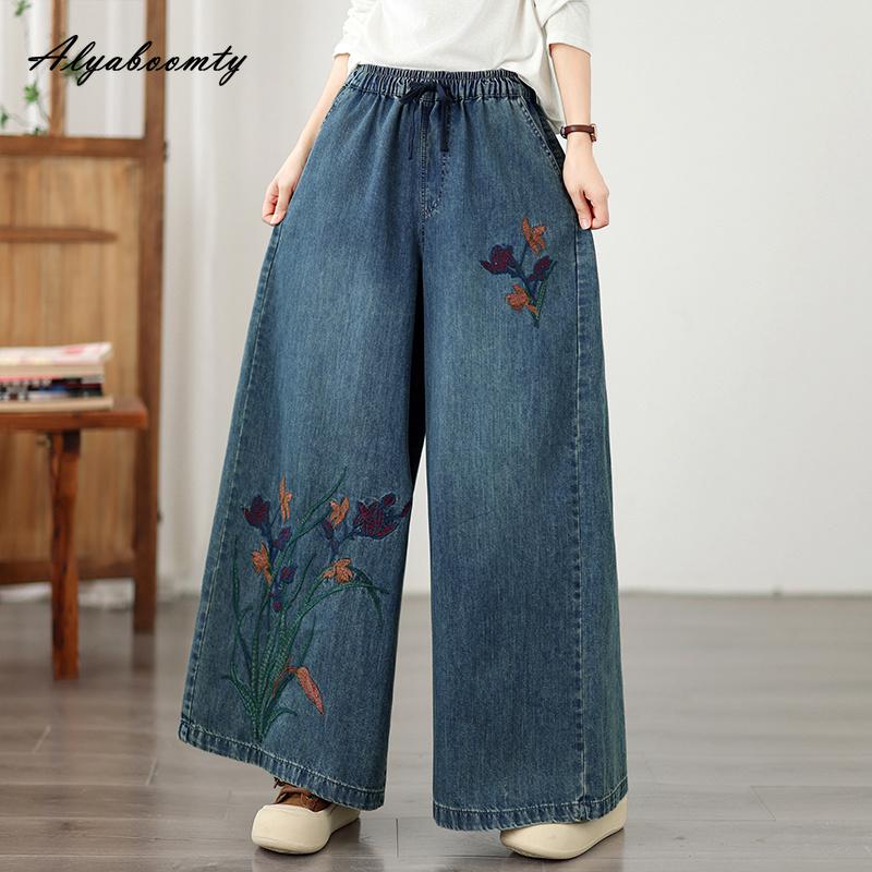 Spring Fall Large Size Women Vintage Jeans High Waist Drawstring Floral Embroidery Retro Straight Denim Pants Classical Oversized Blue Wide Leg Jeans