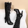 Punk-Plateaustiefel für Damen, mit Schnürung, klobigen High Heels, mittelhohen Stiefeln, schmalem Band und Schleife, Goth Gothic Cosplay Schuhe, Winter