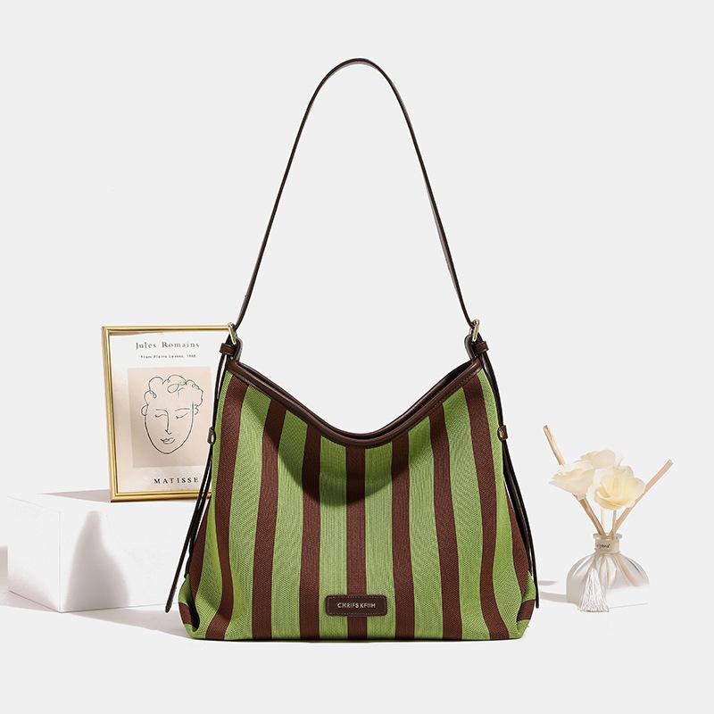 

Versatile Striped Large-Capacity Shoulder Underarm Bag, Premium Tote Bag, Canvas Bag, Large Bag. зелёный