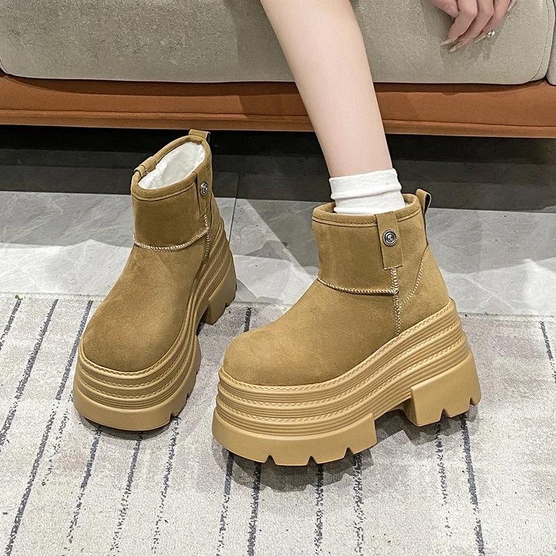 Fashion 10CM Women Snow Boots Non-slip Winter Warm Plush Short Boots Thick Fur High Platform Ankle Boots Suede Leather Chunky Sneakers