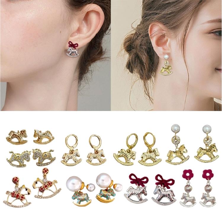 Unique Horse Theme Ear Studs Gold Finish and Stones Adorned for Parties Formal Event Elegant