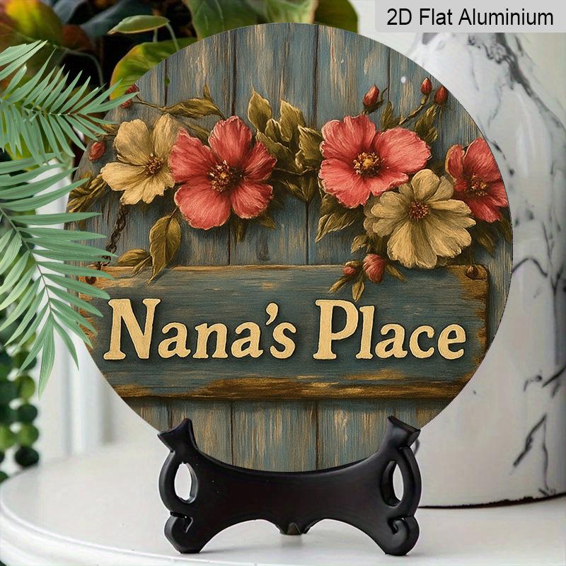 2D Flach, 1 Stück Runde Aluminium "Omas Platz" Oma-Tag Dekoration, Vintage Floral Blau Holz Design, Wasserdicht & Langlebig, Perfekt für Oma Geschenk