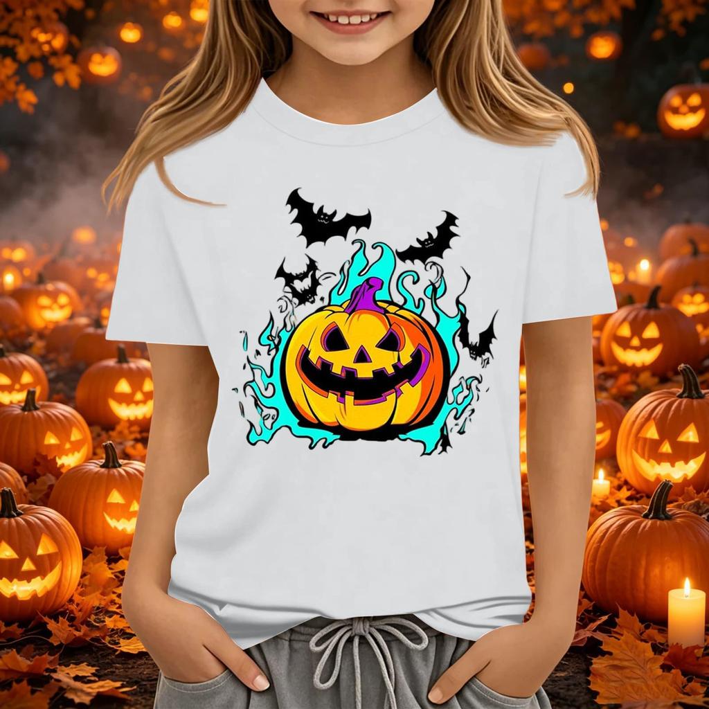 Kids Halloween Printed Neck Short Sleeve T-Shirt Loose Fit Casual Top