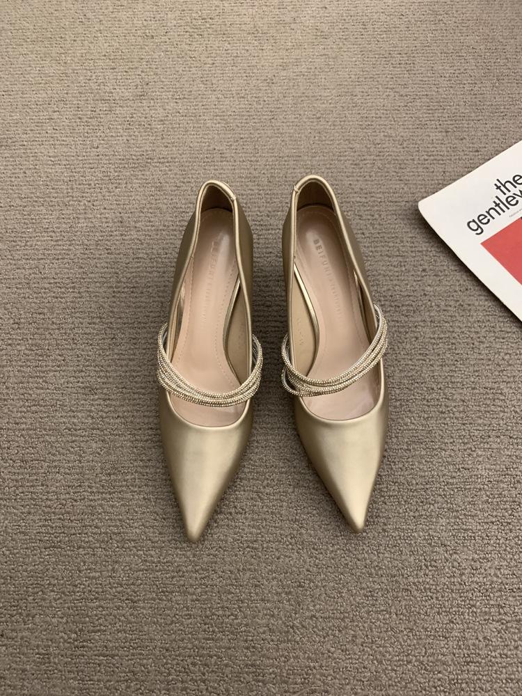 

Женские туфли Мэри Джейн на высоком каблуке с острым носком, весенне-осенняя новинка, тонкий каблук, не утомляют ноги, темпераментные светские туфли, золотые одинарные туфли 39 золотой