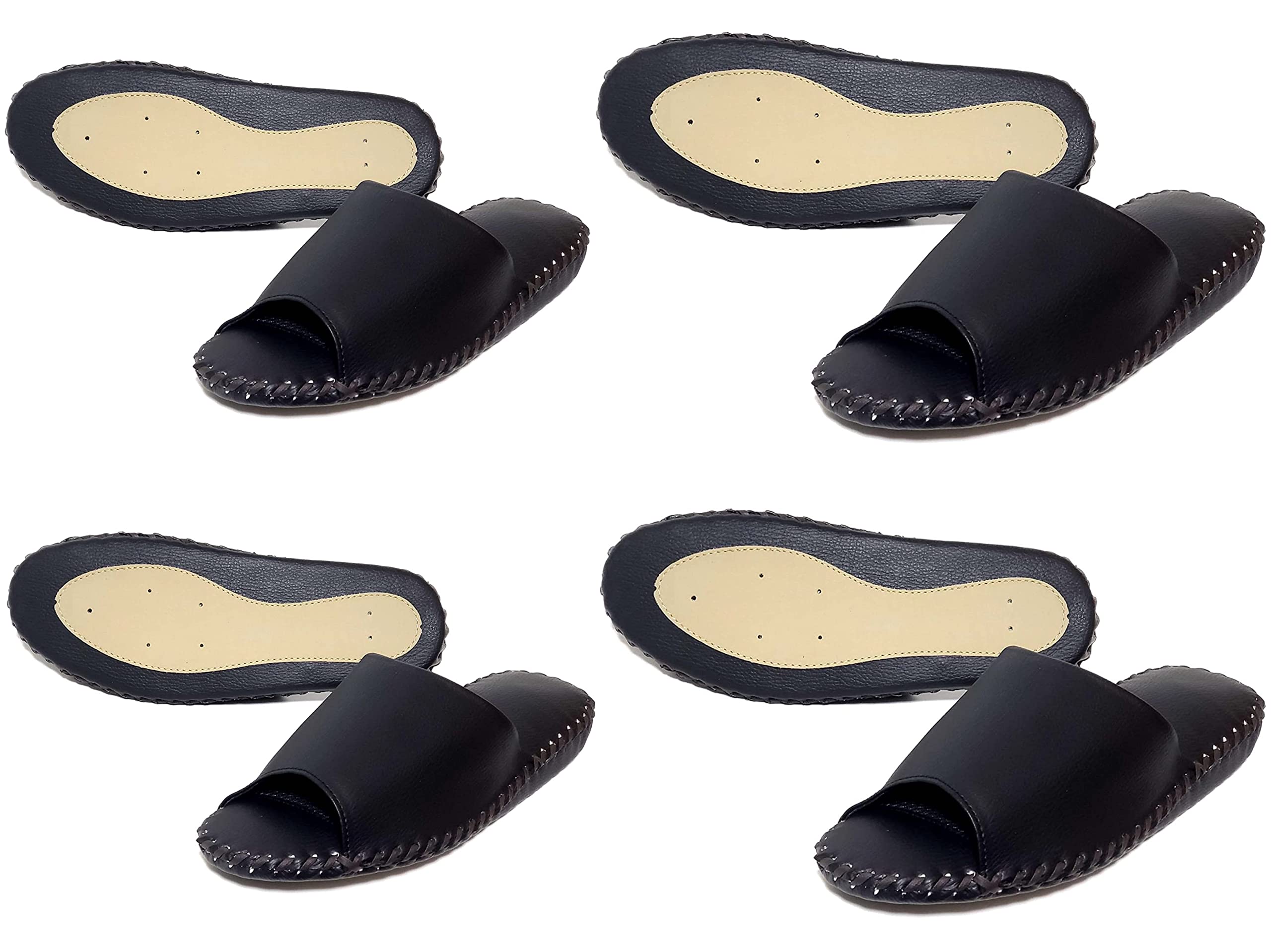 

MOON ROOM Guest Set of 2 for Men and 2 for PU Leather Slippers, 4, Women, Hand-Sewn Slippers, Wipeable, Stain-Resistant (Black)