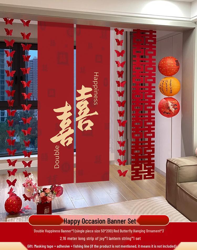 Hanging Double Happiness Cloth Banner for Wedding and Engagement Decor In Living Room or Hotel