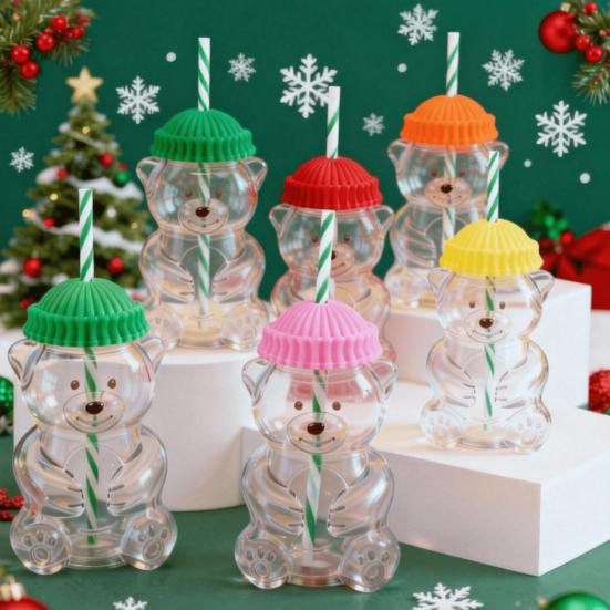 Glasbär-Becher 600ml Wiederverwendbarer Glasbecher mit Deckel und Strohhalm Niedlicher Bären-Trinkbecher für Eiskaffee Milchtee Smoothies