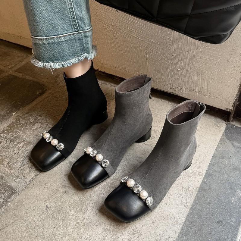 3CM Low Heel Ankle Boots Women Fall Winter Fleece Lined Slim Fit Rhinestone Accent Soft Sole Petite Size Fashion