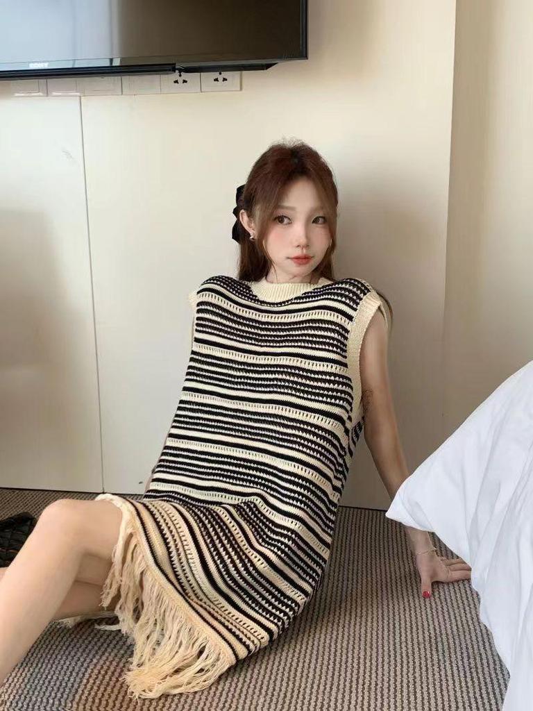 Summer 2025 Striped Sleeveless Knit Tassel Dress for Women