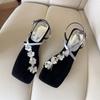 Sheepskin version~ Square head sequined flower toe sandals women's exquisite skirt with wedge sandals