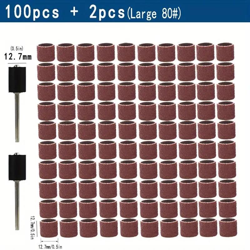 102pcs Sanding Drums Kit Sanding Band 1/2 1/4 Inch Sand Mandrels 80/120/180Grit Fit For Nail Drill Rotary Abrasive Tools