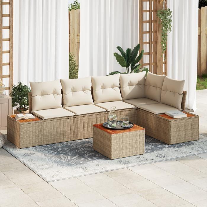 VidaXL Ensemble de canapé de jardin en 6 pièces avec coussins Beige Poly Rotin Acacia 3348092