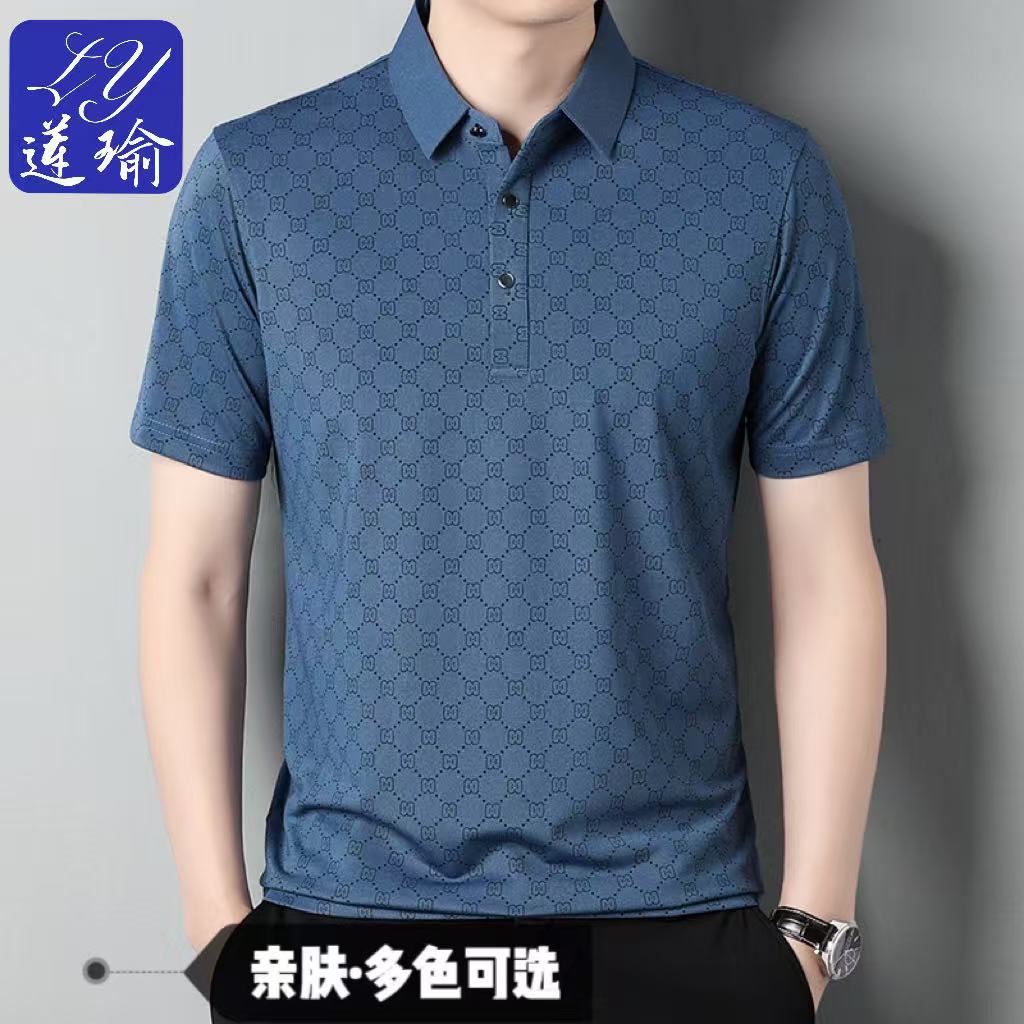 Summer Thin Ice Silk Men Polo Shirt Middle Age Loose Collar Solid Color Casual Short Sleeve T Shirt