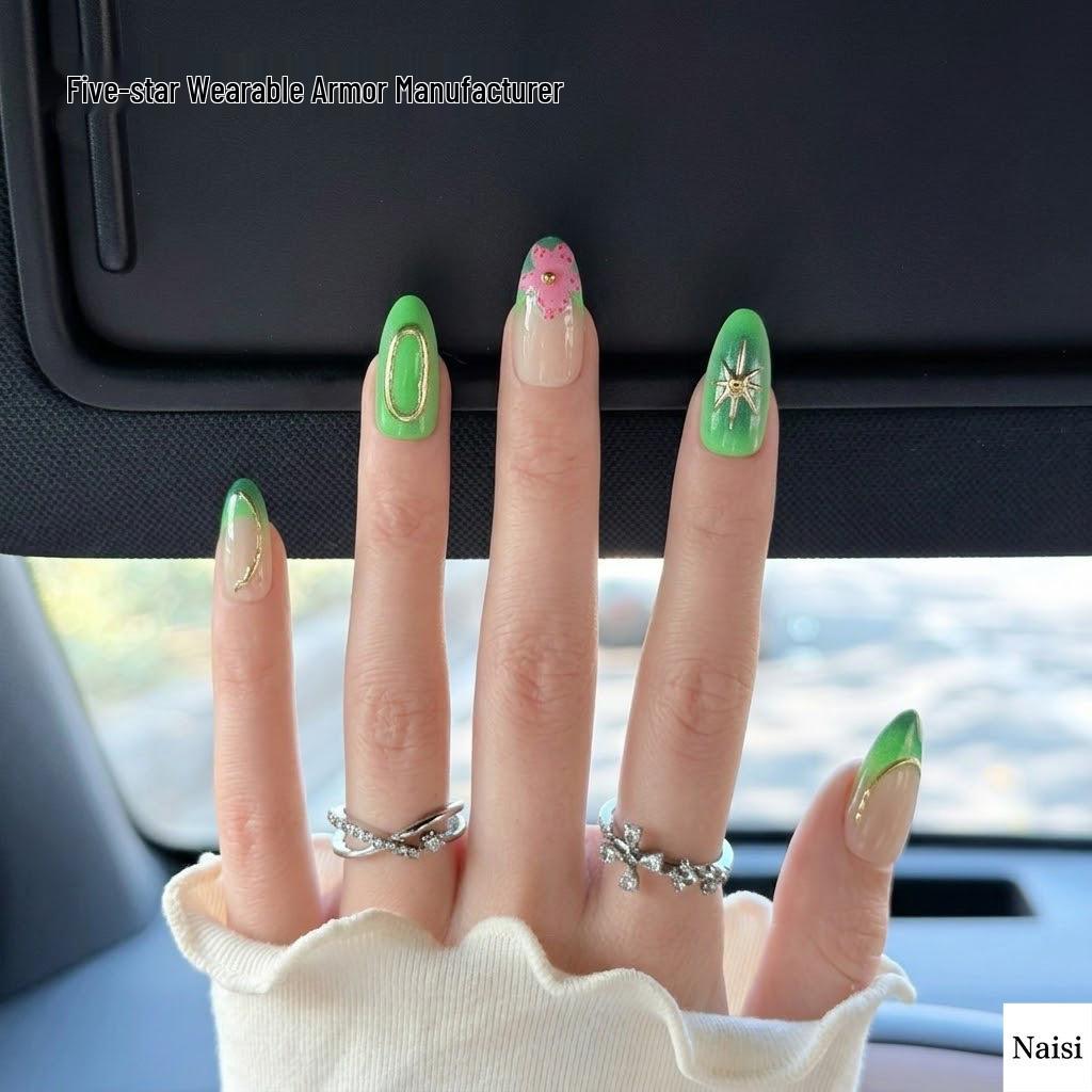 3D Almond-Shaped Transparent Ice Nails: Cat Eye Neon Green Flower Carving & Handmade Embossed Drill Manicure Tips