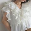 Korean Style Summer Women Stylish Blouse V Neck White Black Layered Ruffles Fashion Shirt Flying Sleeve Feminine Top