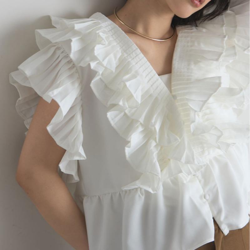Korean Style Summer Women Stylish Blouse V Neck White Black Layered Ruffles Fashion Shirt Flying Sleeve Feminine Top