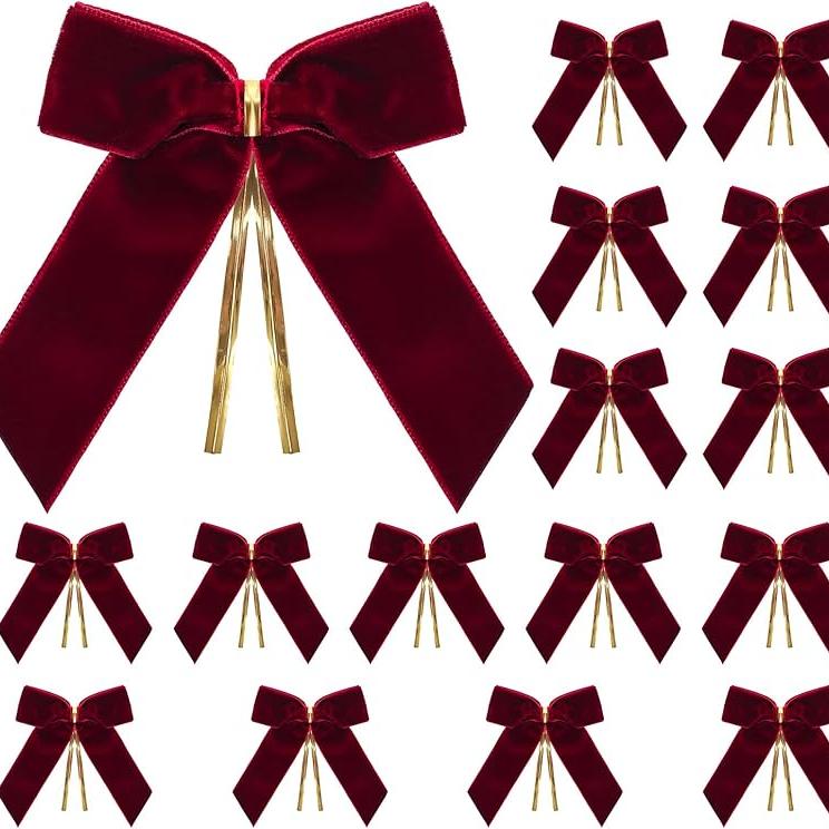 16Pack Red Velvet Christmas Tree Bows Burgundy Small Decorative Twist Tie Ribbons For Wreath Gift Wrapping Decoration