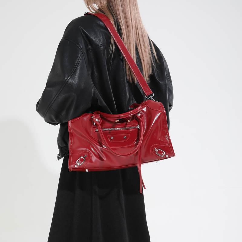 Glossy Faux Leather Duffel Bag Women's Fashion Shoulder Tote with Front Zip Pocket and Adjustable Strap