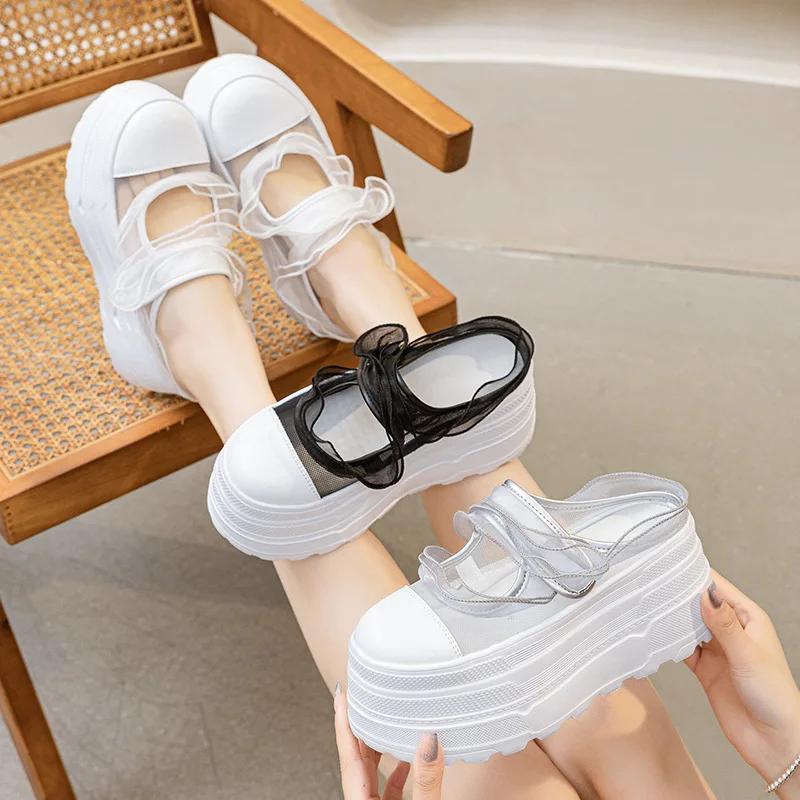Fashion 8CM Air Mesh Women New Summer Spring Slides Sandals Platform Wedge Microfiber Mules Shoes Chunky Sneaker Platform Wedge Slippers