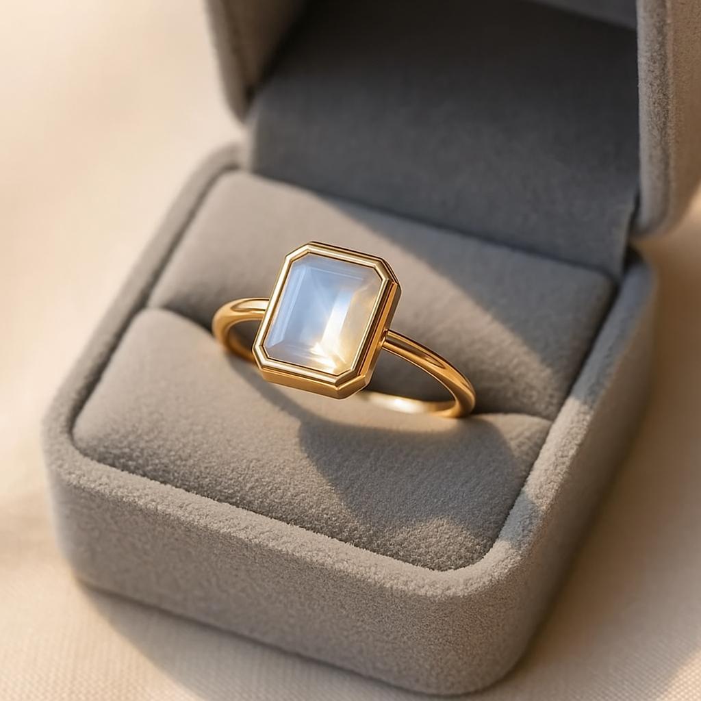White Moonstone Emerald Cut Gold Plated Ring for Women – Elegant Minimal Jewelry