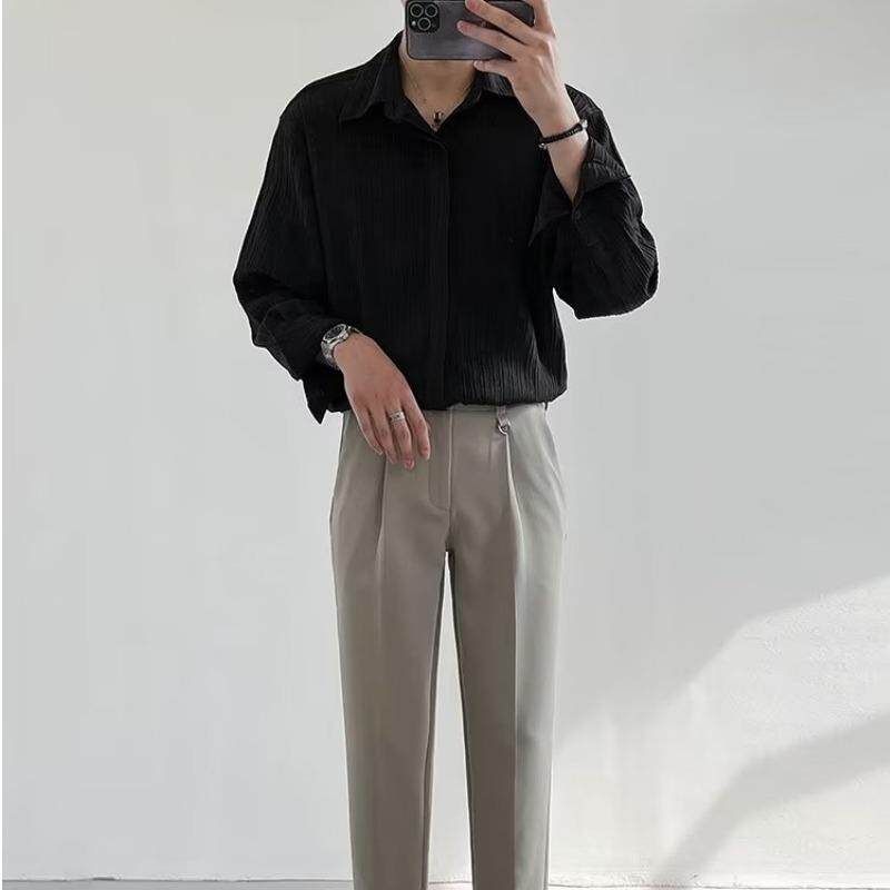 Textured Top, Korean Style Loose Casual Long-Sleeved Shirt, Men's Trendy and Handsome Striped No-Iron Shirt for Autumn