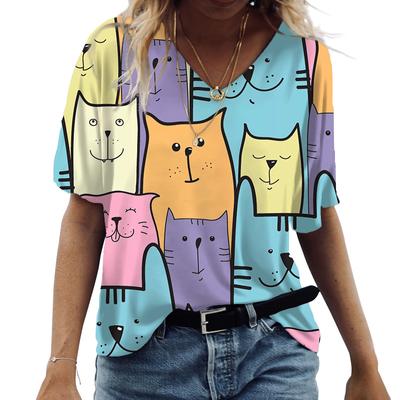 Anime Cat Print Women's T Shirt Fashion Harajuku Clothes V-neck Oversized Short Sleeve Tees Feamle Casual Streetwear Blouse