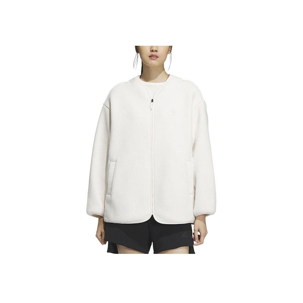 adidas Solid Color Lightweight Faux Shearling Casual Sports Jacket Women Jackets White IZ3146
