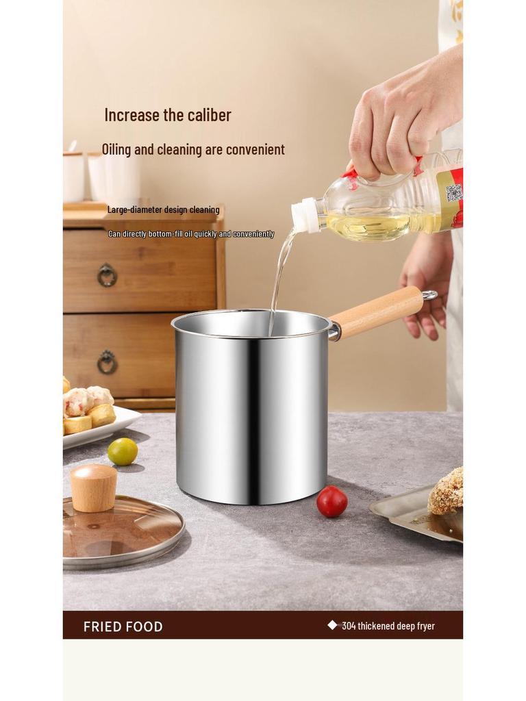 304 Stainless Steel Deep Fryer with Wooden Handle and Filter Basket for Induction Cooker