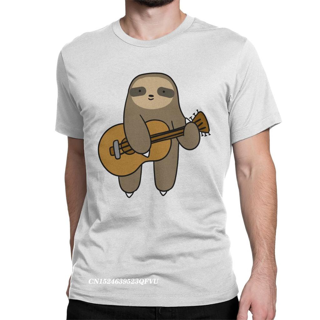 Guitar Sloth Cute Tops T Shirts Mens Cotton Novelty Tee Shirt Round Neck Guitarist Animal Tees Harajuku Tops Gift Idea
