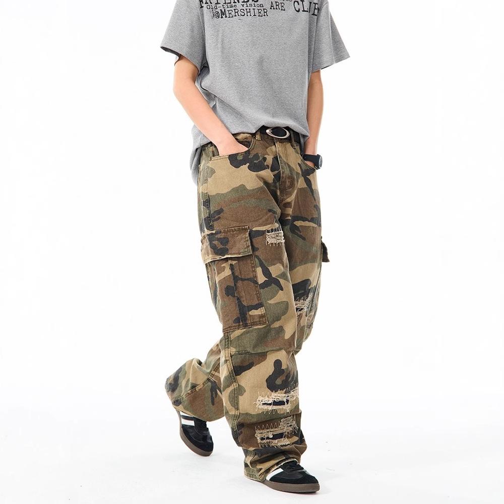 American street wash camouflage multi-pocket overalls men's trendy brand ripped patch straight pants summer casual pants