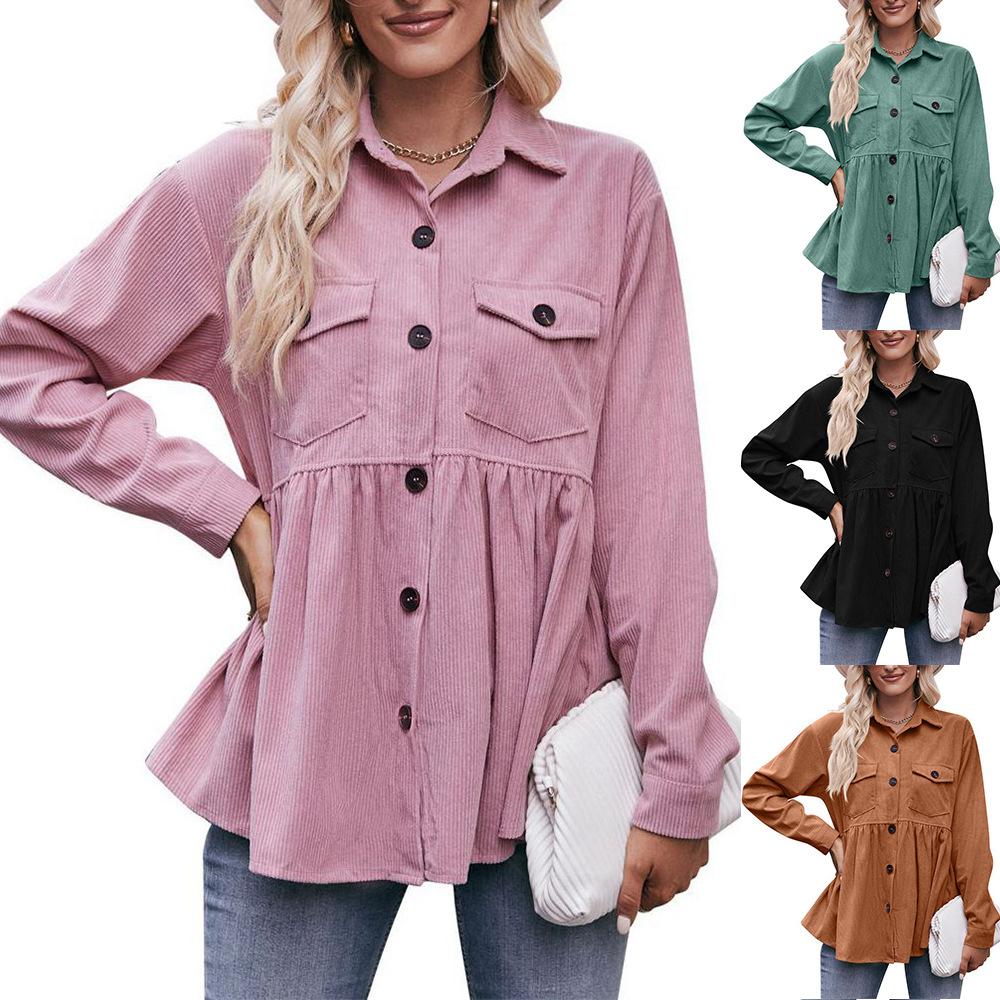 Camisa Casual Feminina de Outono e Inverno de Veludo Cotelê Fileira Única Multibotões Cor Sólida Estilo Comum Tops