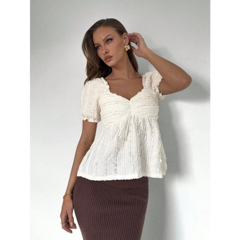 Casual European American V Neck Puff Sleeve Solid Color Loose Short Sleeve T Shirt For Women XS
