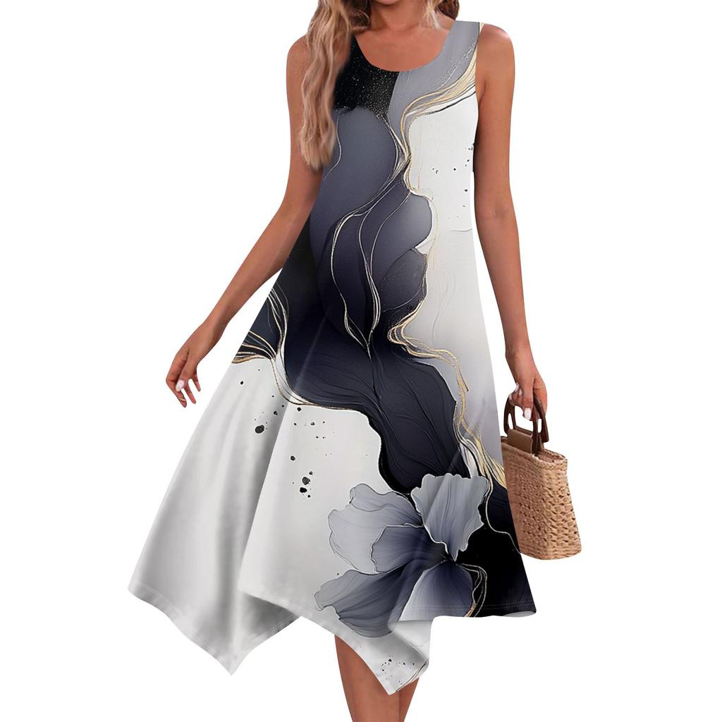 Women's Casual Fashion Round Neck Sleeveless Floral Print Irregular Hem Midi Dress