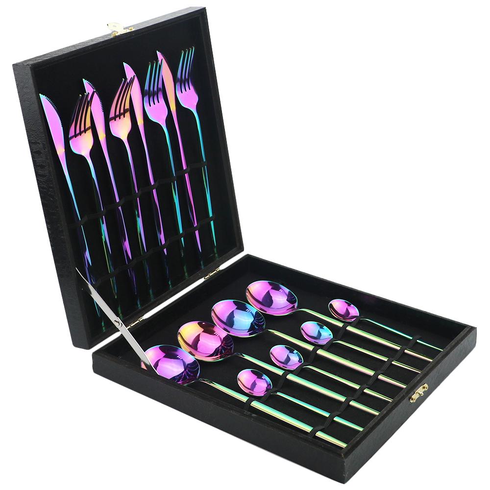 16pcHigh Grade Luxury Rainbow Dinnerware Set Fork Knife Spoon Black Cutlery Set Stainless Steel Flatware Set With Gift Box Hotel