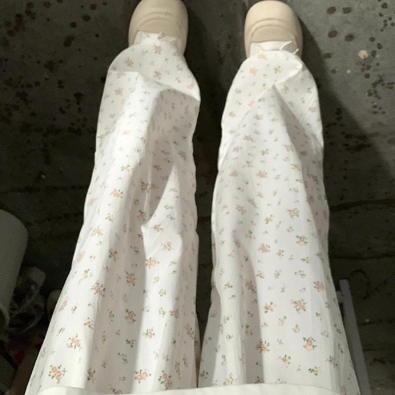 Women's White Ice Silk Floral Wide-Leg Pants - Yamamoto 2025 Collection for Spring, Summer, and Autumn - Casual, Petite, Textured Design