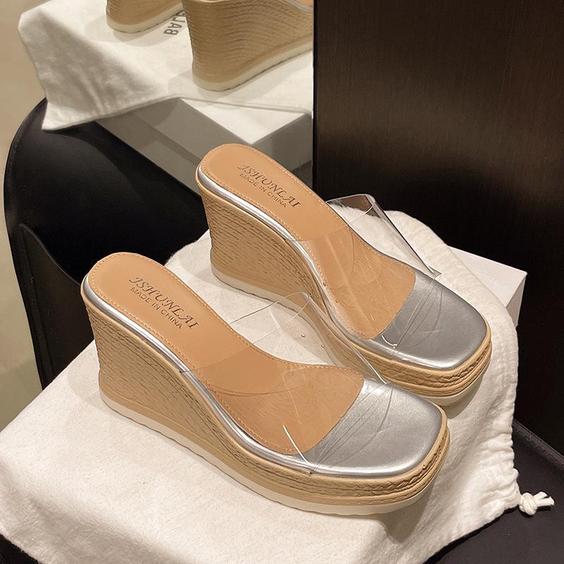 One Word with Transparent Outer High Heel Waterproof Table Thick Heel Cool Slippers 2025 New Women's Summer Outer Wear