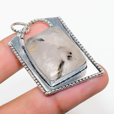 Natürlicher Schwarzer Rutil Edelstein Handgefertigter 925 Sterling Silber Anhänger 1.97" S3r31