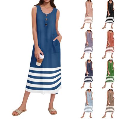 Vestido Maxi Casual de Verão Feminino Listrado Estampado Sem Mangas com Botões