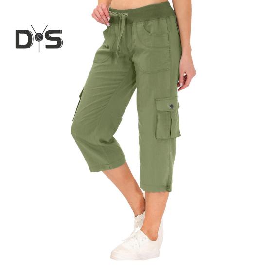 Cropped-Hose für Damen, elastischer Bund, verstellbarer Kordelzug, Wander-Cargohose mit mehreren Taschen, einfarbig, Kletterhose