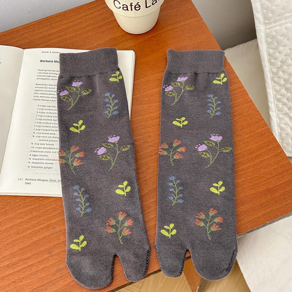 1 Pair Cute Elegant Women Tabi Socks Japanese Style Flower Pattern Harajuku Socks Comfortable Breathable Split Toe Socks One Size серый