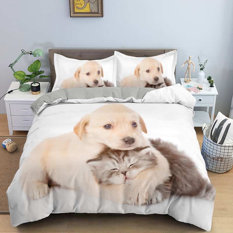 Dog Cat King Queen Duvet Cover Pet Kitty Puppy Bedding Set For Kids Teens Adults Lovely Animals Blue Soft 2/3pcs Quilt Cover
