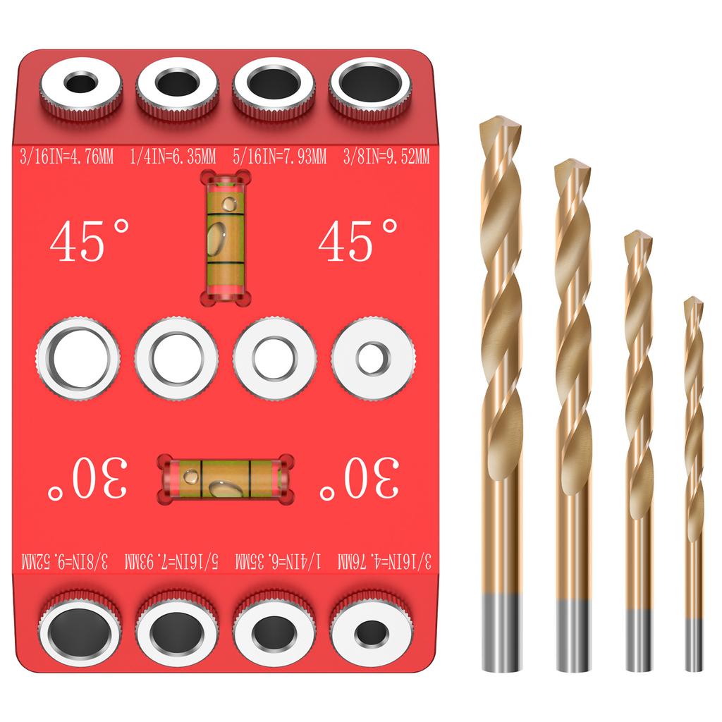 30/45/90 Degree Angle Drill Guide Jig Aluminium Alloy Alloy Angled and Straight Hole Drill Jig with 4 Bits for Woodworking Decks
