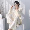 Four-line Grid Pajamas Women's Spring and Autumn Thin Loose Women's Cartoon Long-sleeved Trousers Set Summer Loungewear with Chest Pads