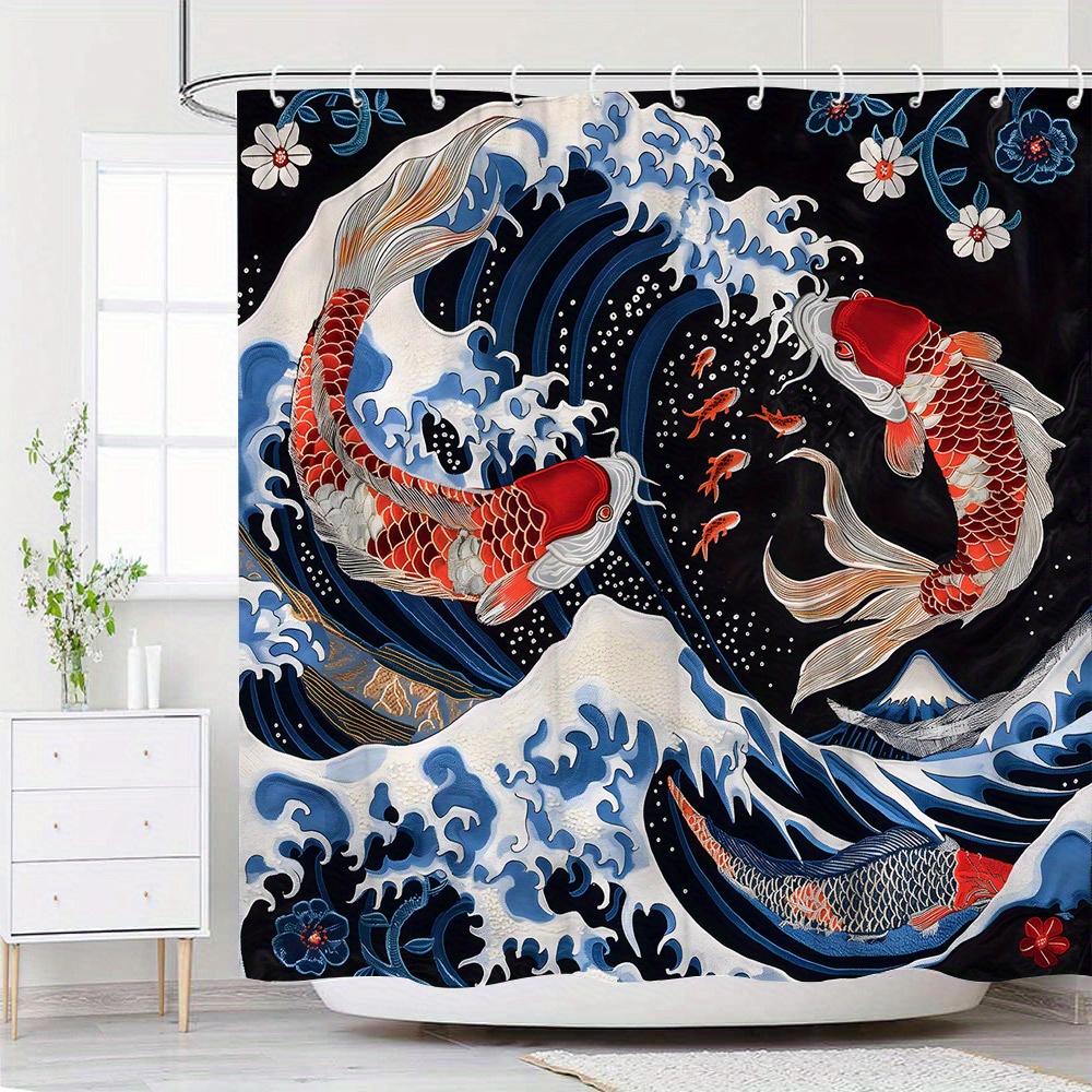 

1Pc Japanese Art Shower Curtain With Vibrant Koi Fish & Cherry Blossoms - 70X70 Inch Polyester Fabric, Includes 12 Hooks, Black W60H190(CM)-1 Pcs