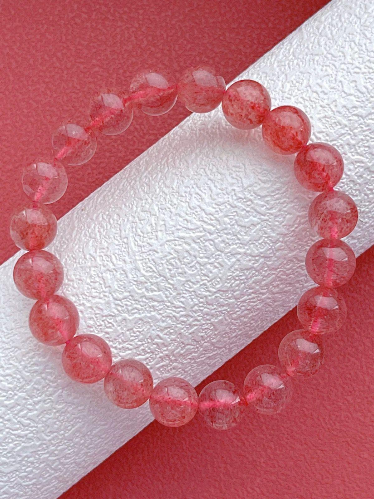 Natural Strawberry Ice Pink Crystal Bracelet for Women - Pigeon Blood Red Peach Blossom Design Beads ~6mm