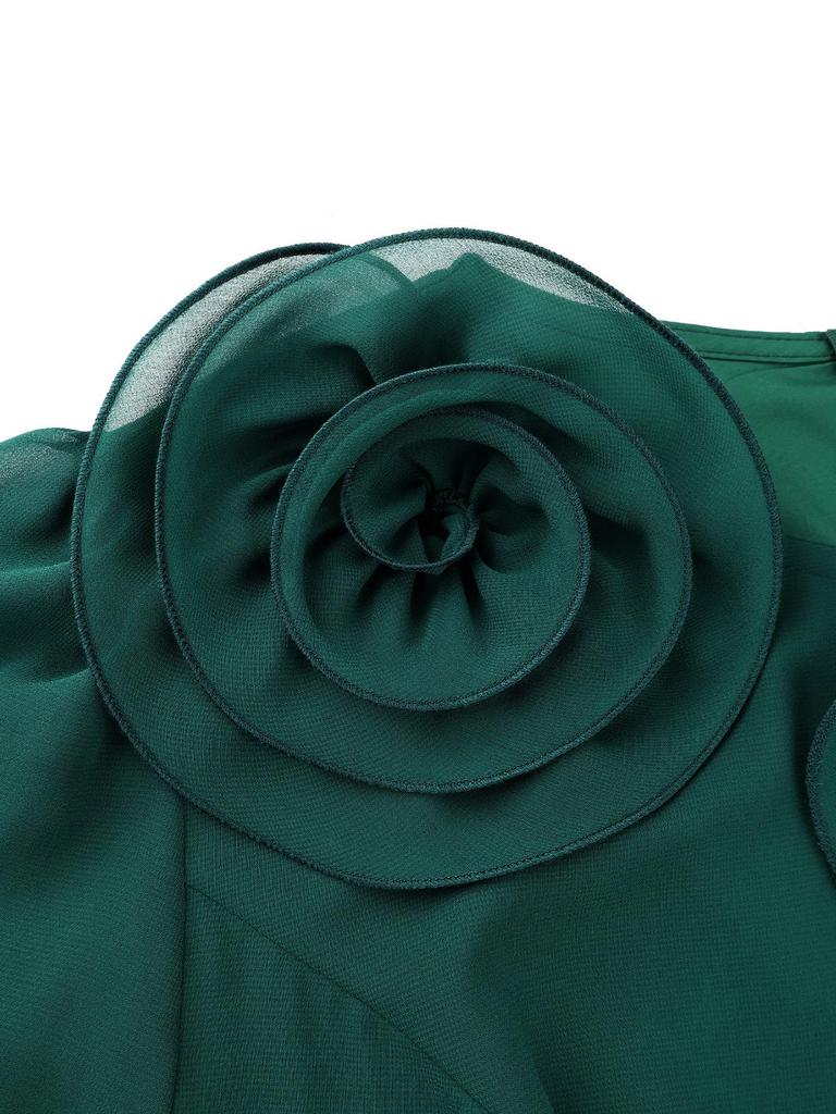 Plus Size Women's Elegant Floral Chiffon Gown with Ruffled Waist and Long Sleeves