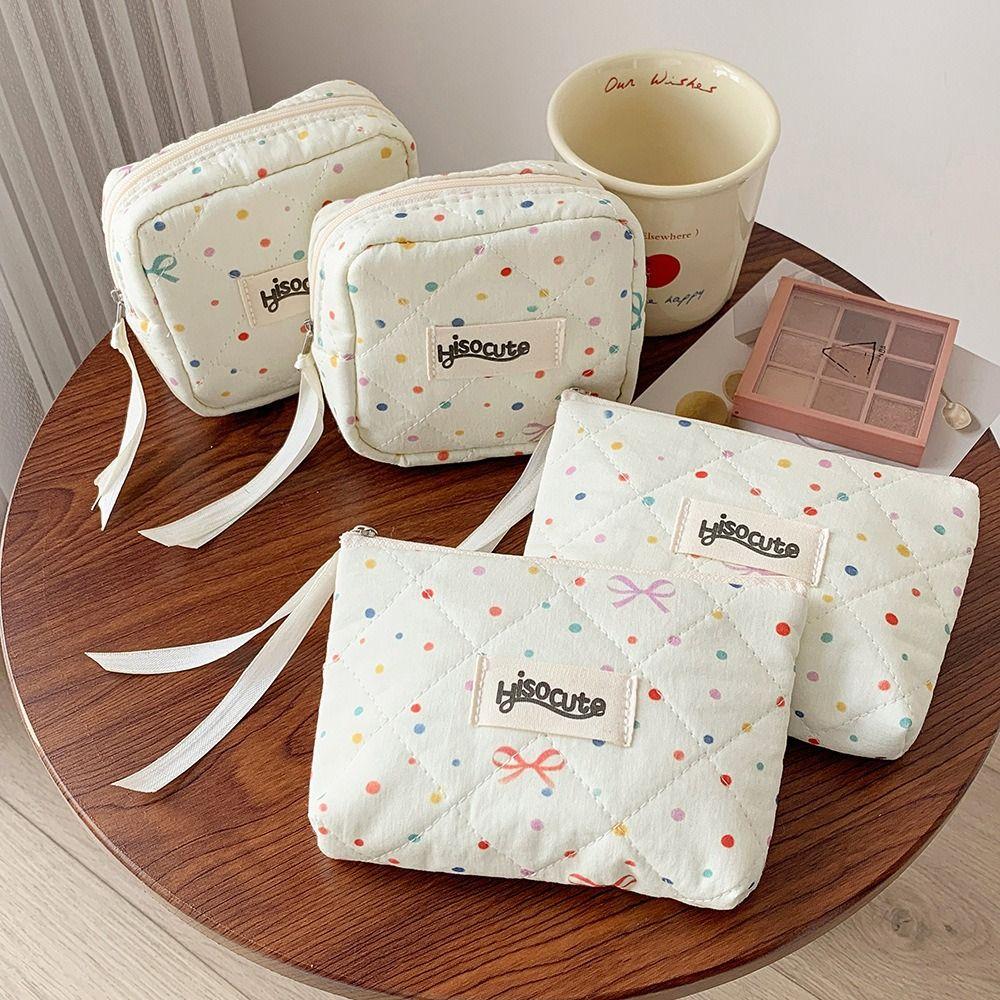 Cute Bowknot Sanitary Napkins Storage Bag Colorful Dots Large Capacity Coin Purse Cosmetic Bag for Women Girls