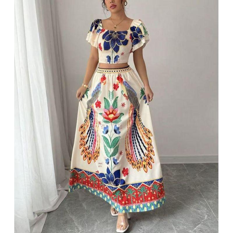 

Top and Skirt Set European and American Print Leisure Vacation Bohemian Short sleeve Top Skirt sets Flower color XXL