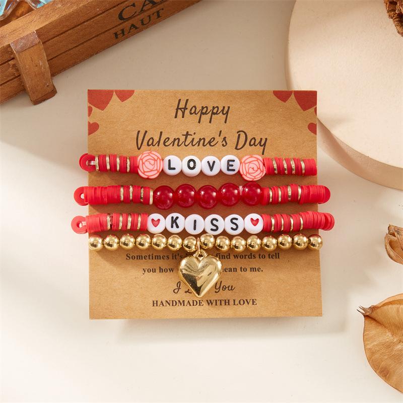 New “LOVE” Pink Heart-shaped Pendant Beaded Elastic Multi-layered Layered Bracelets for Women Girl Valentine's Day Gift Jewelry