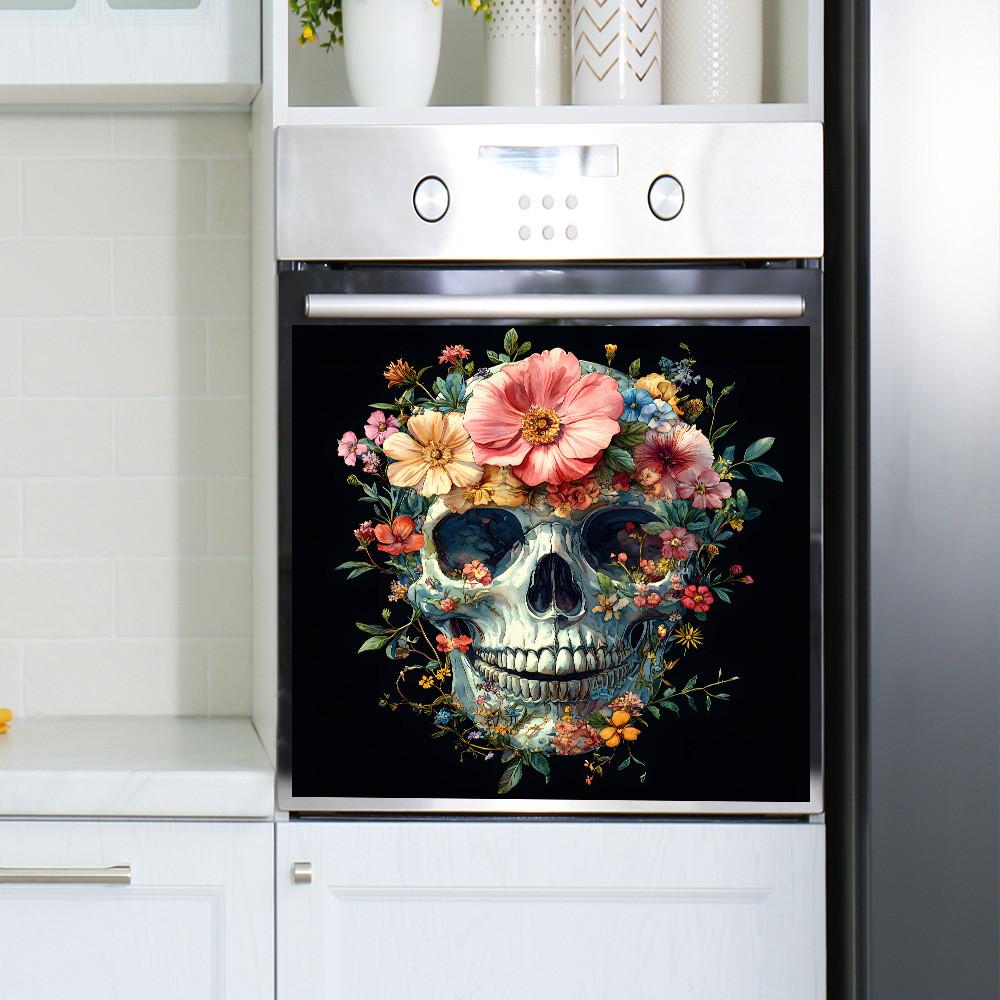Skull Halloween Smiling Covered In Flowers Glass Home Decoration Wall Stickers